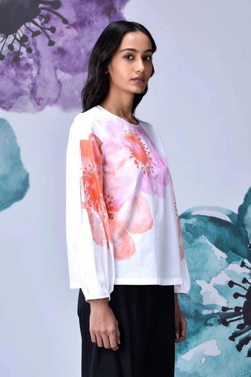 Genes Lecoanet Hemant Anemone Flower Regular Fit Top- White Coral